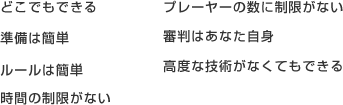 どこでもできる、準備は簡単、ルールは簡単、時間の制限がない、プレーヤーの数に制限がない、審判はあなた自身、高度な技術がなくてもできる